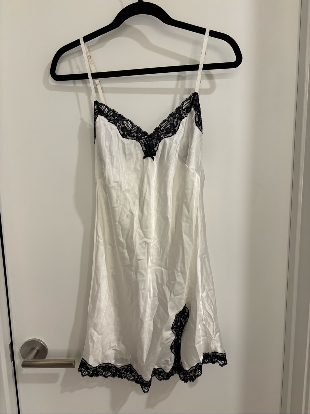 Victoria’s Secret White Satin Lace-Trim Slip Dress with Black Accents